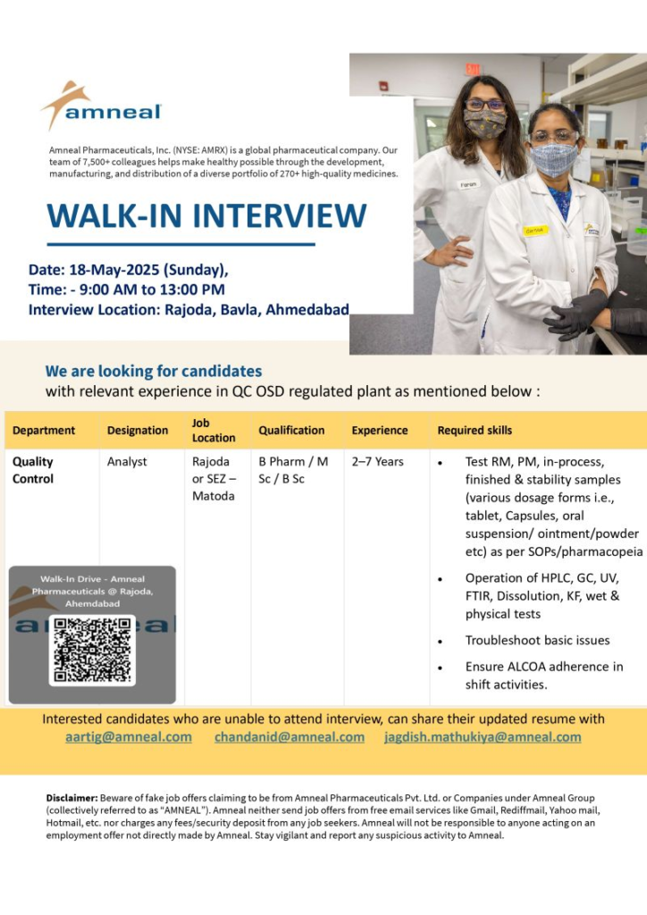 Amneal Pharmaceuticals Walk-In Interview for Quality Control Analyst on 18th May