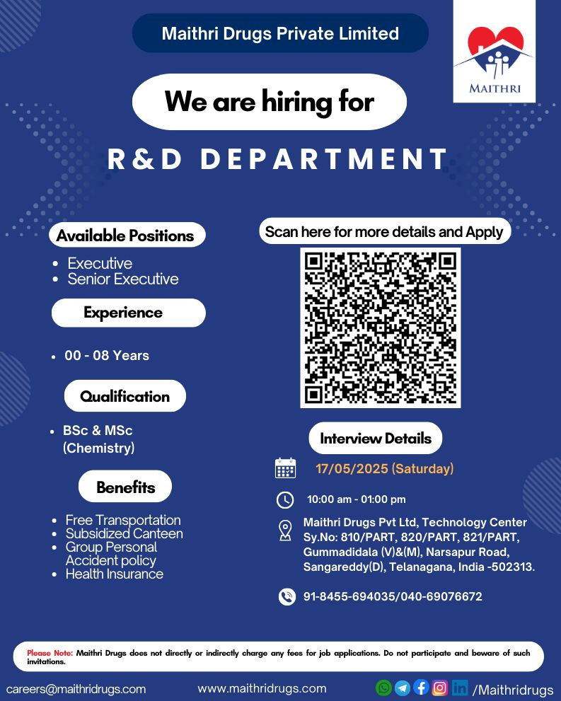 Maithri Drugs Private Limited Walk-In Interview for R&D Executive and Senior Executive (0-8 Years Exp)