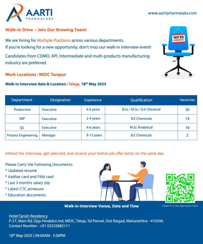 Aarti Pharmalabs Limited Walk-In Interview for Production, QC, SRP, and Process Engineering Roles on 18th May