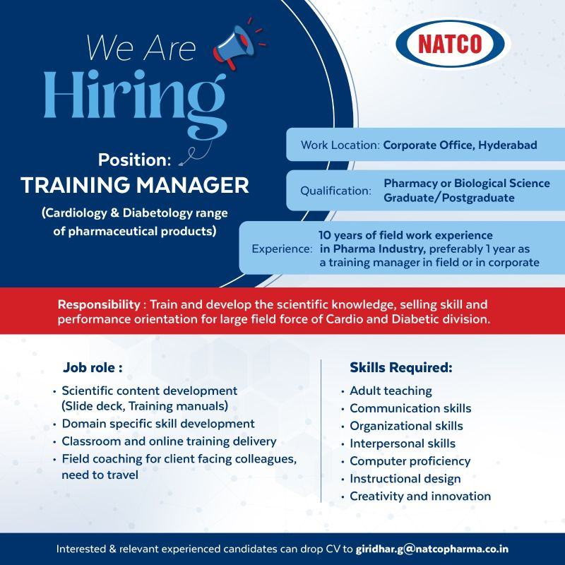 Natco Pharma Limited Hiring for Training Manager (Cardiology & Diabetology) in Hyderabad