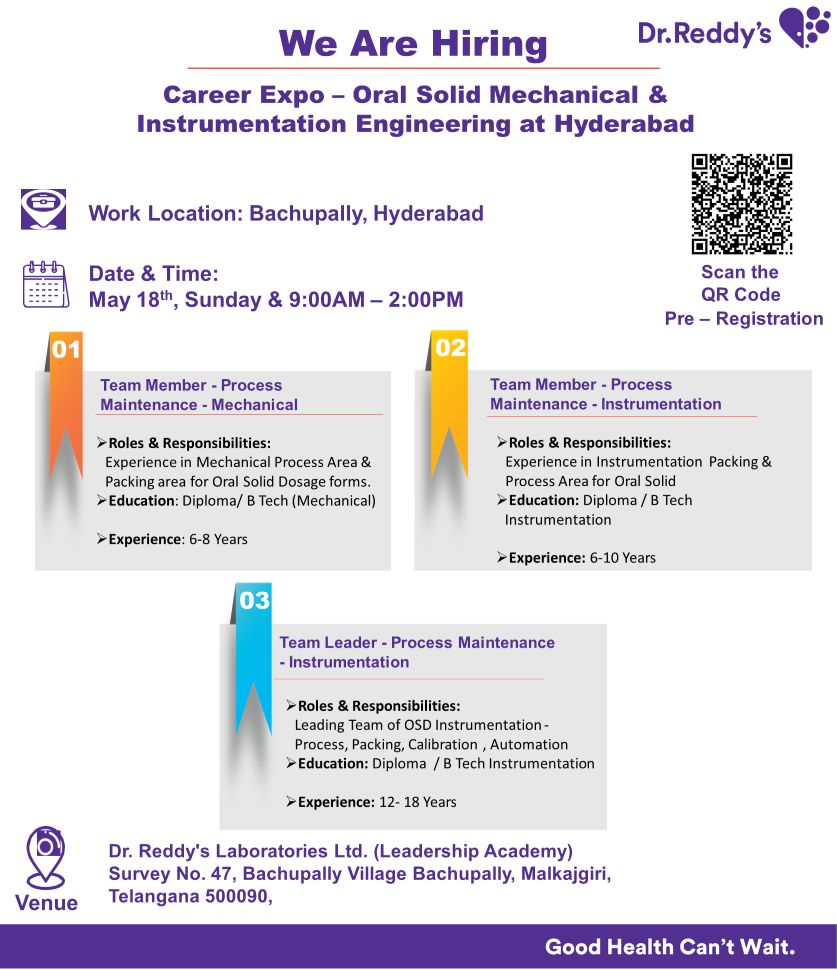 Dr. Reddy's Laboratories Career Expo for Mechanical and Instrumentation Engineering Roles on 17th May