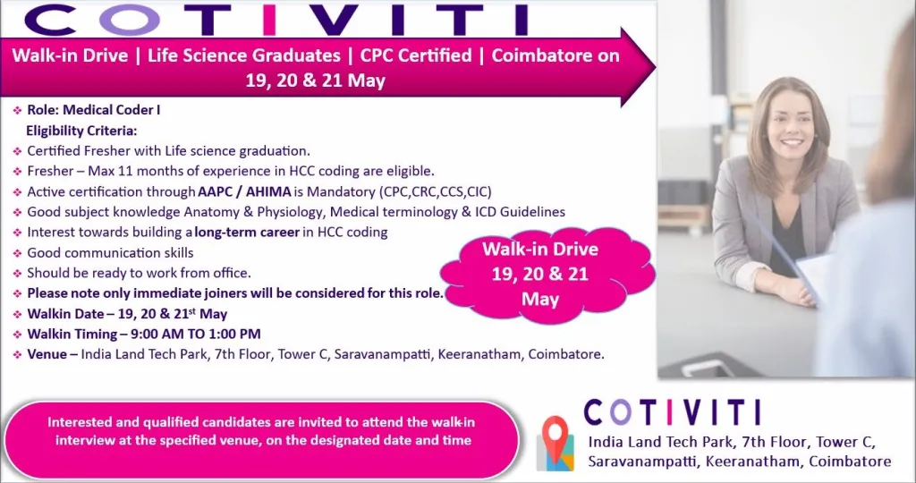 Cotiviti India Walk-In Drive for Medical Coder I (HCC Coding)