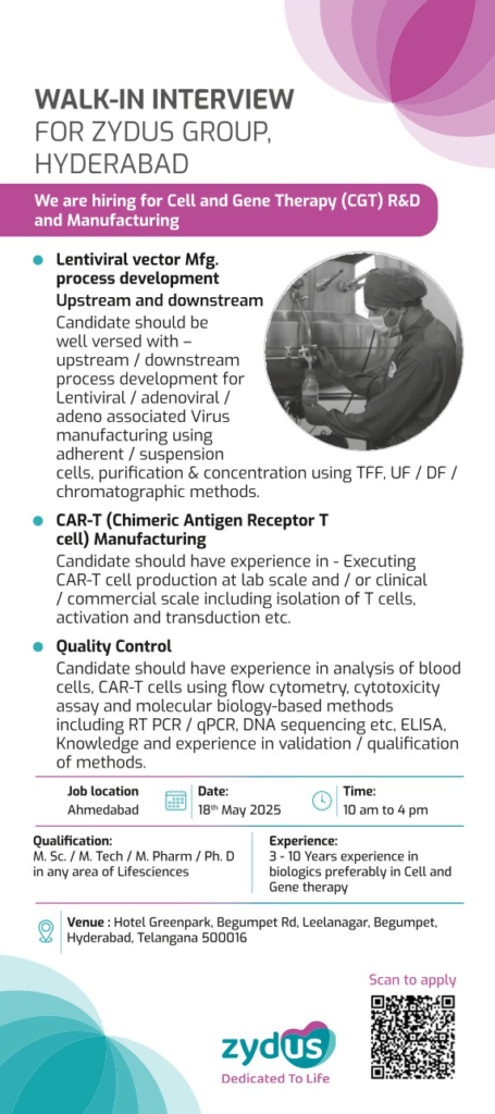 Zydus Group Walk-In Interview for Cell and Gene Therapy (CGT) R&D and Manufacturing on 18th May