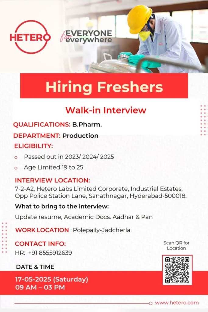 Hetero Labs Limited Walk-In Interview for B.Pharm Freshers in Production on 17th May