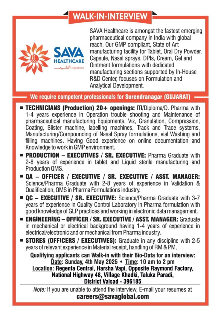 SAVA Healthcare Walk-In Interview for Production, QA, QC, Store & Engineering Departments on 4th May