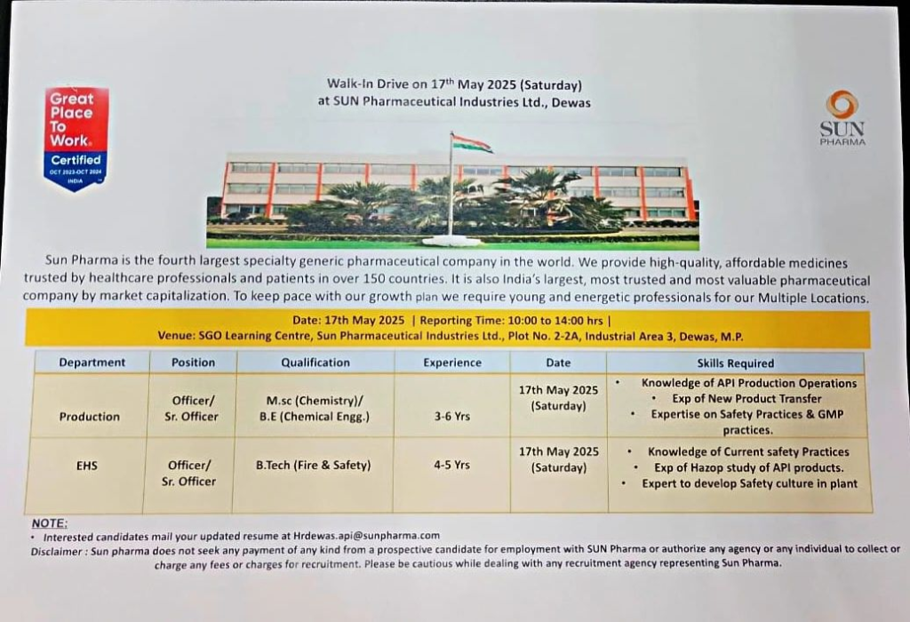 Sun Pharma’s Walk-In Interview for Production and EHS Departments