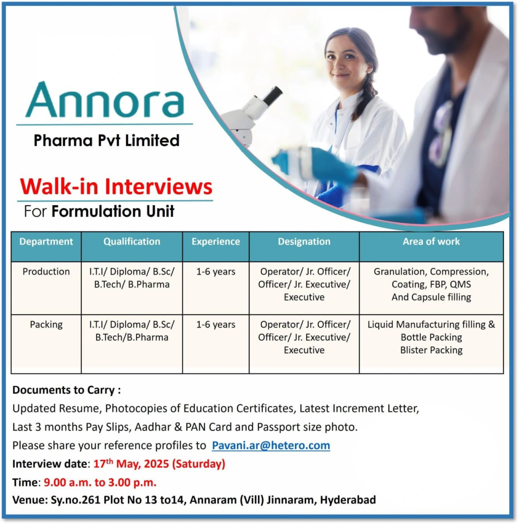 Annora Pharma’s Walk-In Interview for Formulation Unit on 17th May