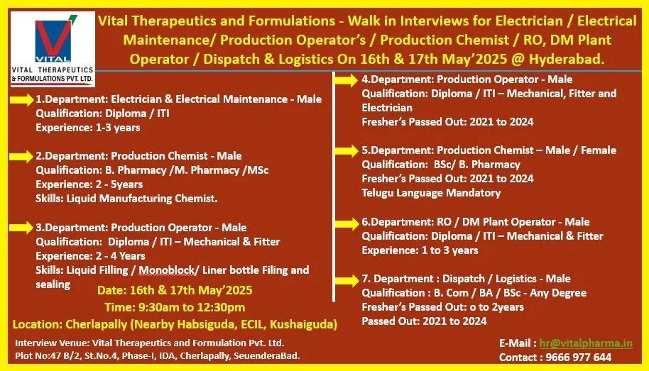 Vital Therapeutics & Formulations’ Walk-In Interview for Freshers & Experienced Candidates on 16th-17th May