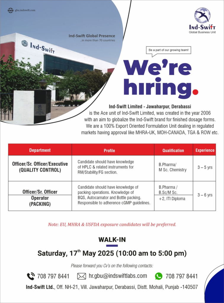 Ind-Swift Limited’s Walk-In Interview for Officer / Sr. Officer / Executive – Quality Control on 17th May