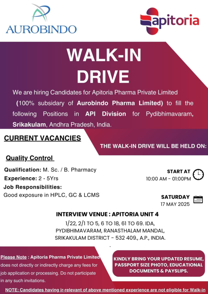 Apitoria Pharma Walk-In Drive for Officer / Sr. Officer – Quality Control (API Division) on 17th May