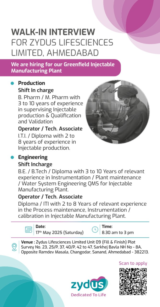 Zydus Lifesciences Limited Walk-In Interview for Operator / Technical Associate/Shift-InCharge - Production in Ahmedabad!