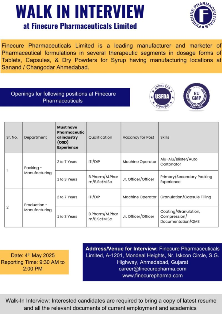 Finecure Pharmaceuticals Limited Walk-In Interview for Packing & Production - Manufacturing