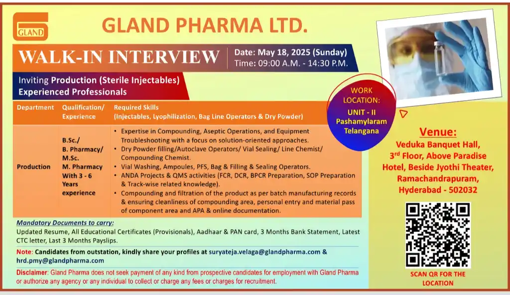 Gland Pharma Ltd Walk-In Interview for Production – Sterile Injectables in Hyderabad!