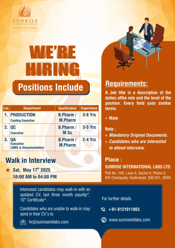 Sunrise International Labs Walk-In Interview for Production, QA & QC in Hyderabad!
