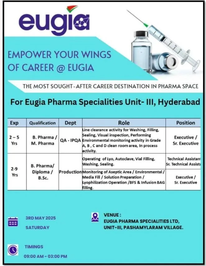 Eugia Pharma Specialities Ltd Walk-In Interview for Productions & Quality Assurance (QA-IPQA) - Executive / Sr. Executive on 3rd May