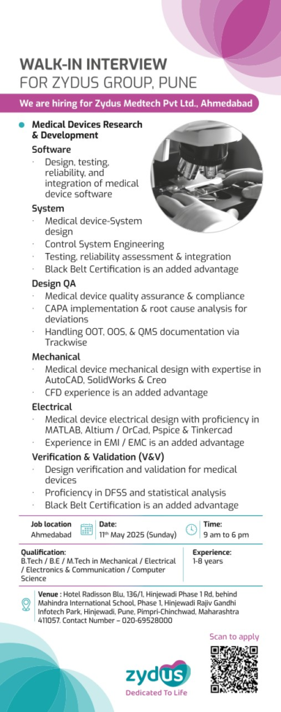 Zydus Medtech Pvt Ltd Walk-In Interview for Multiple Positions in Ahmedabad at Pune