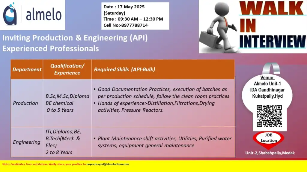 Almelo Private Limited Walk-In Interview for Production & Engineering (API) Roles on 17th May