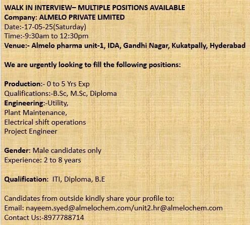Almelo Private Limited Walk-In Interview for Production & Engineering (API) Roles on 17th May