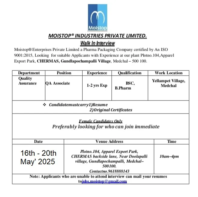 Moistop Industries Private Limited – Walk-In Interview for Quality Assurance Associate on 16th-20th May
