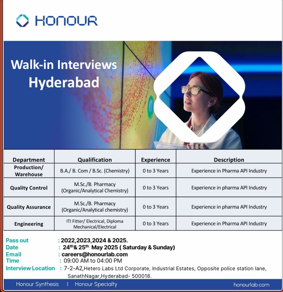 Honour Lab Ltd Walk-in Interviews for Freshers for QA, QC, Production, Engineering & Warehouse in Hyderabad 