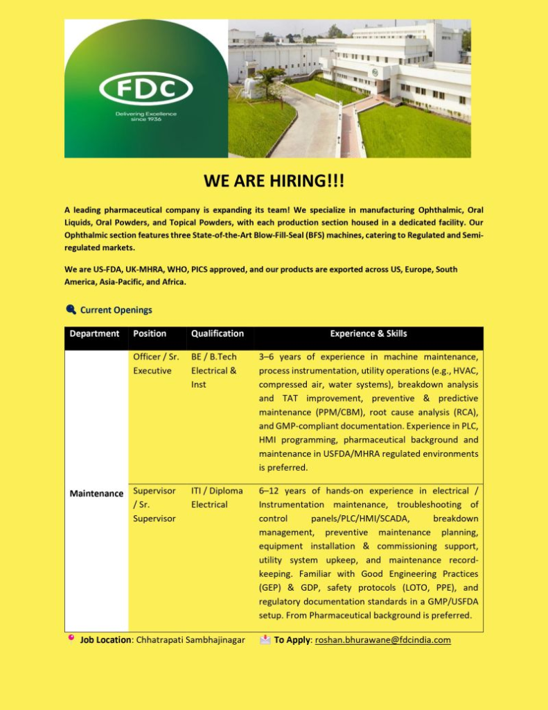FDC Is Hiring for Officer / Senior Executive in Pharmaceutical Manufacturing