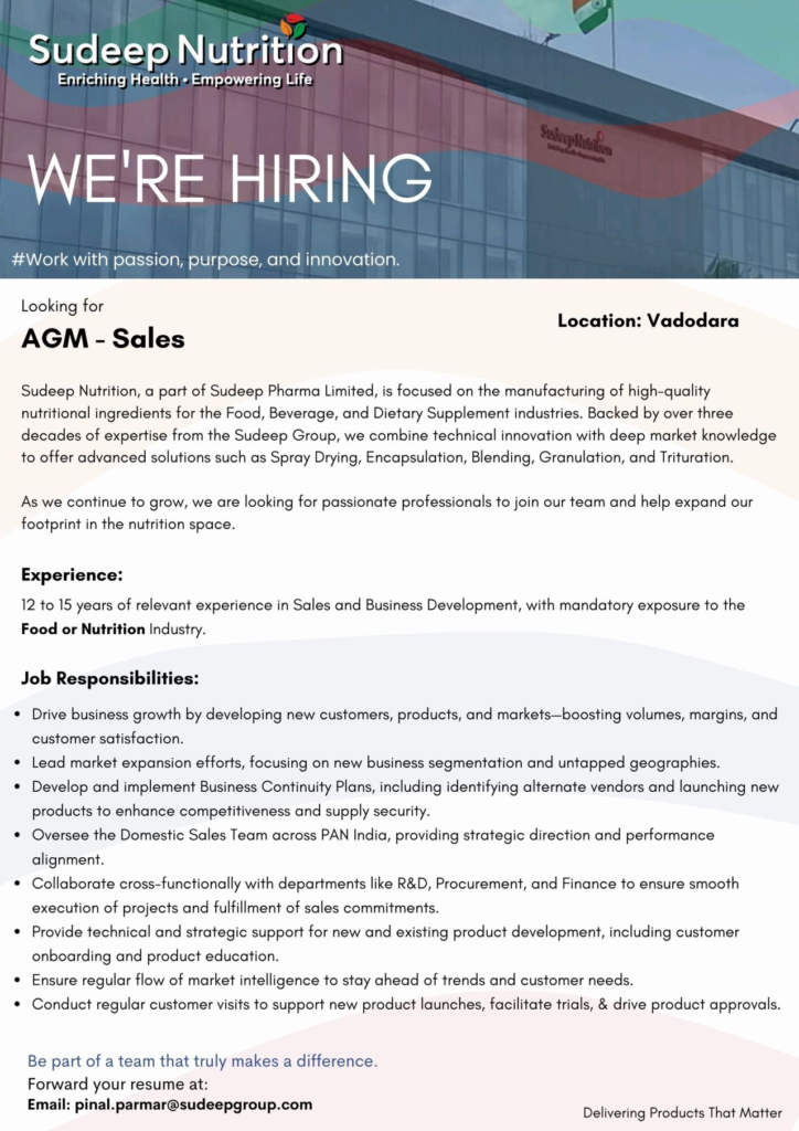 Sudeep Nutrition Walk-In Interview for AGM - Sales in Vadodara