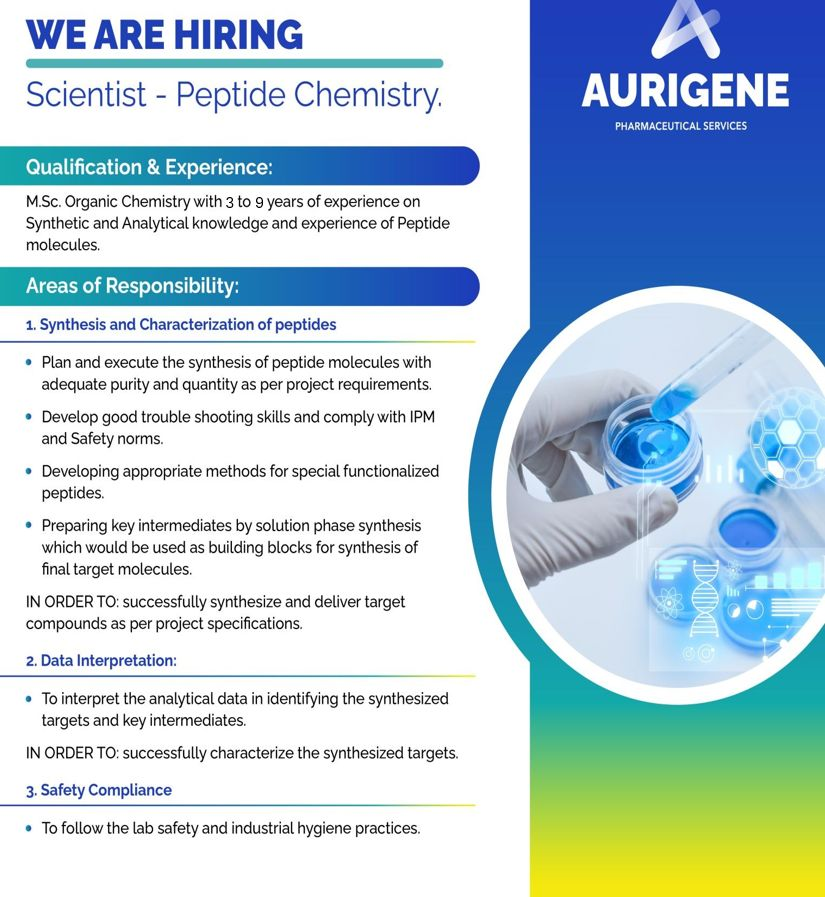 Aurigene Pharmaceutical Services Is Hiring for Scientist - Peptide Chemistry