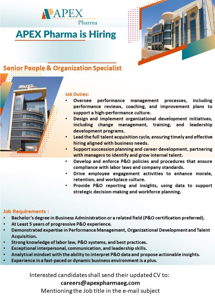 Apex Pharma Is Hiring for Senior People & Organization Specialist in Cairo, Egypt
