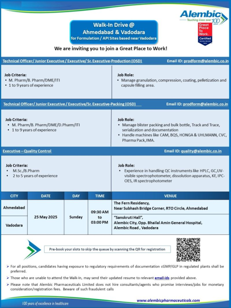 Alembic Pharmaceuticals Walk in Interview for Production, Quality Control & Packing Departments