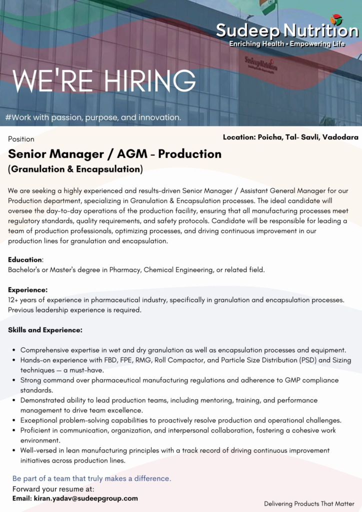 Sudeep Nutrition - Job Openings for Senior Manager / AGM - Production (Granulation & Encapsulation)