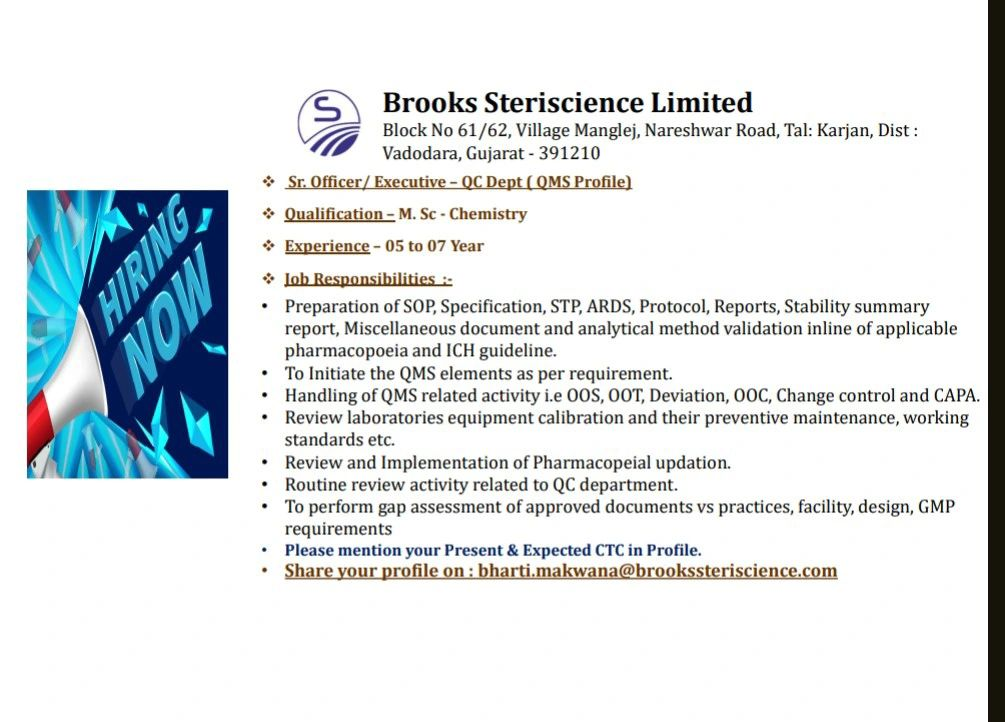 Brooks Steriscience - Job Openings Sr. Officer/Executive - Quality Control (QMS Profile) in Vadodara