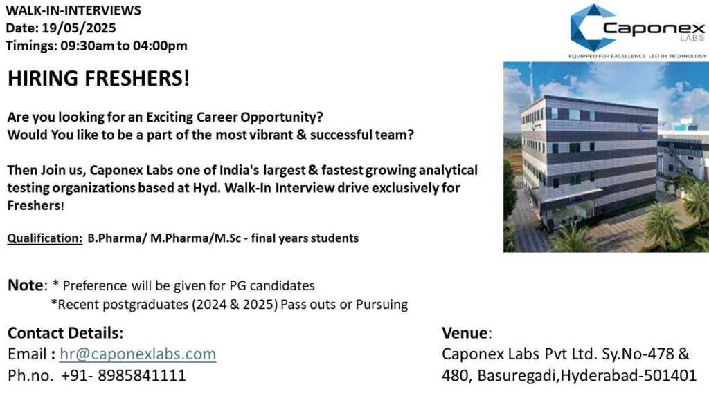 Caponex Labs Walk-in Interview  for Freshers in QA & QC Departments on 19th May