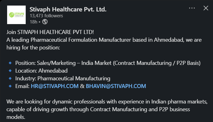Stivaph Healthcare Urgent Hiring for Sales/Marketing Opportunities in Ahmedabad