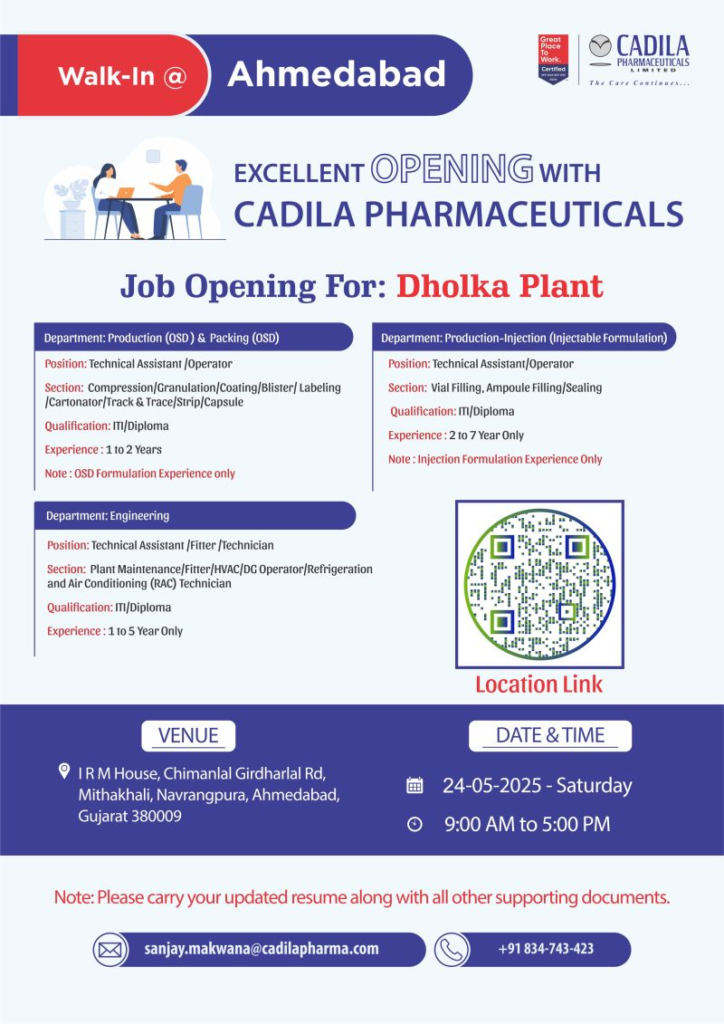 Cadila Pharmaceuticals Walk-in Interview for Production (OSD) & Packing (OSD) on 24th May
