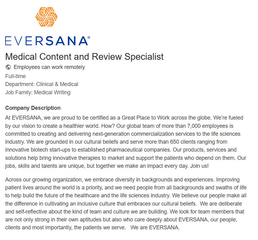 EVERSANA Is Hiring for Medical Content and Review Specialist (Remote, Full-Time)