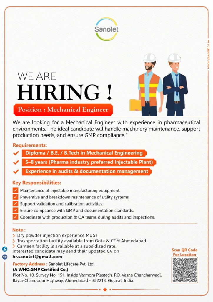 Sanolet Lifecare Hiring for Mechanical Engineer Job Opportunity