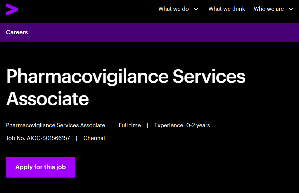Accenture Is Hiring for Pharmacovigilance Services Associate in Chennai (0-2 Years Exp)