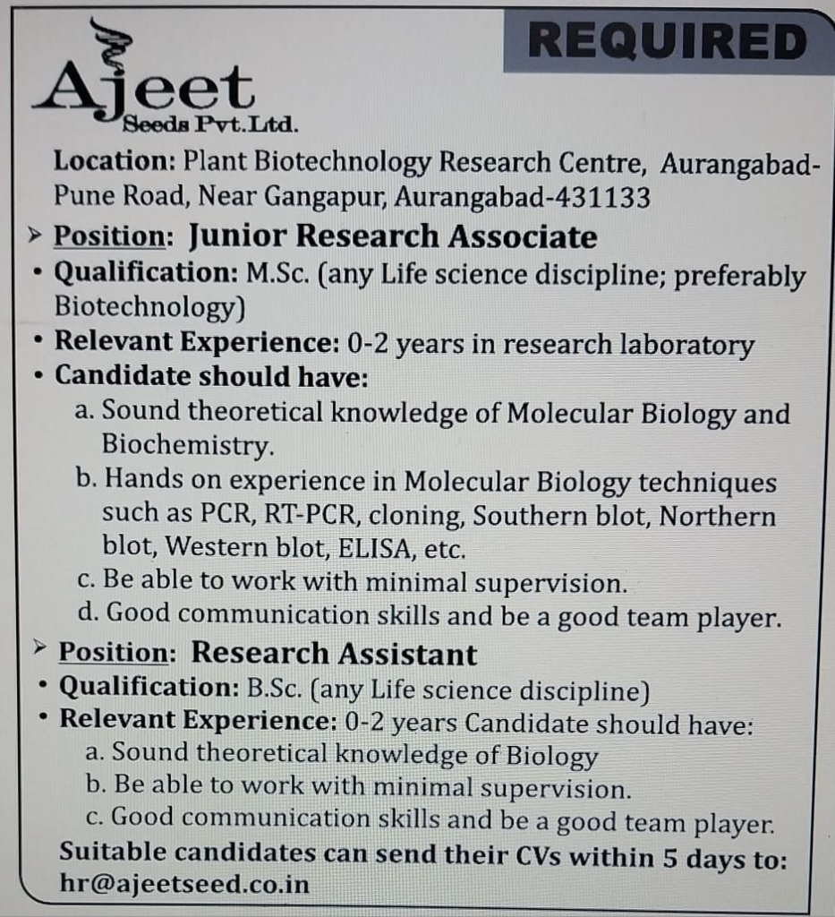 Ajeet Seeds Hiring for Junior Research Associate and Research Assistant Positions in Aurangabad