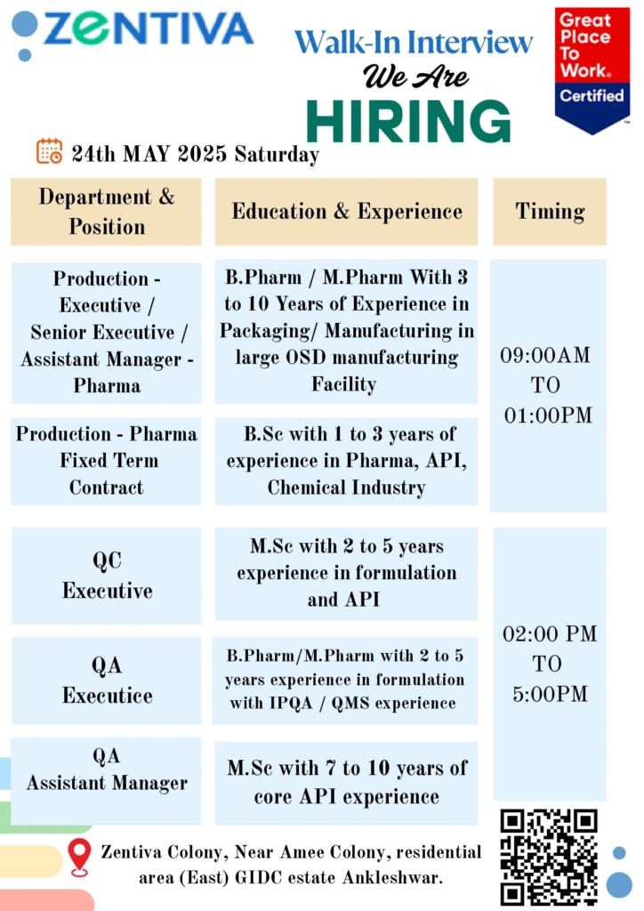 Zentiva Walk-in Interview for Production, QC, and QA Roles on 24th May 2025