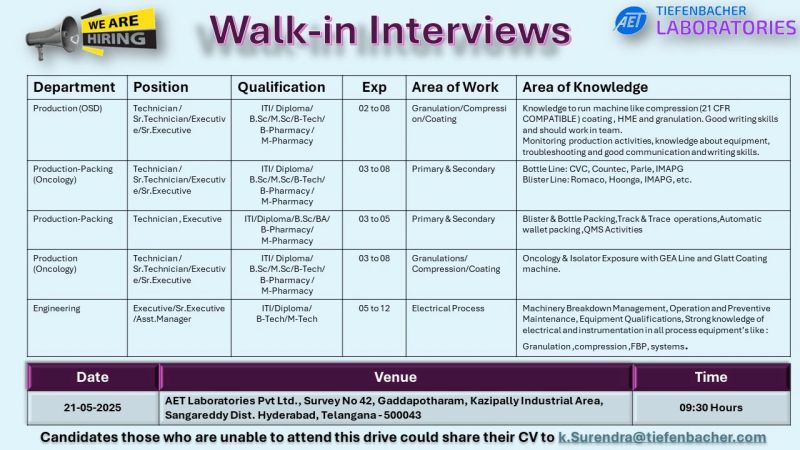 Tiefenbacher’s AET Laboratories Walk-In Interviews for ITI, Diploma, B.Sc., M.Sc., B.Tech, B.Pharmacy, M.Pharmacy Candidates in Production on 21th May