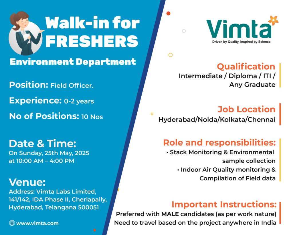 Vimta Labs Walk-In Interviews for Freshers in Environmental Science Roles on 25th May