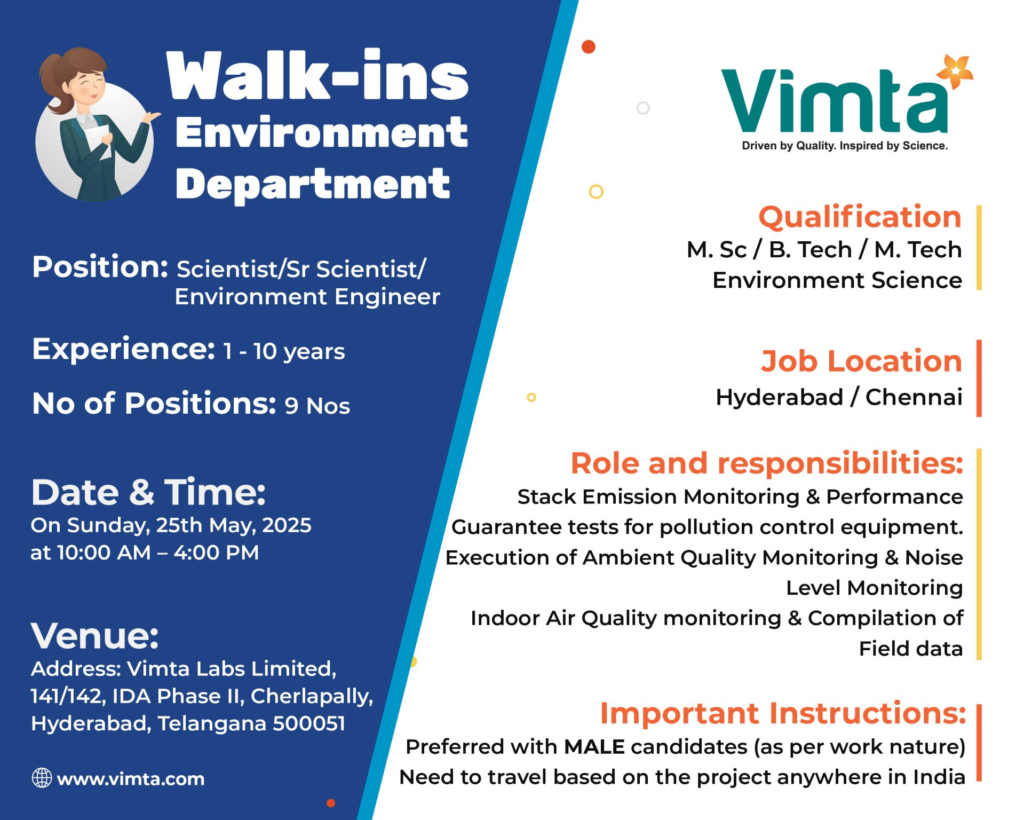 Vimta Labs Walk-In Interviews for Experienced in Environmental Science Roles on 25th May