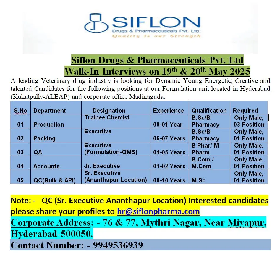 Siflon Drugs & Pharmaceuticals Walk-In Interviews for QA, QC, Production – Trainee Chemist on 20th May