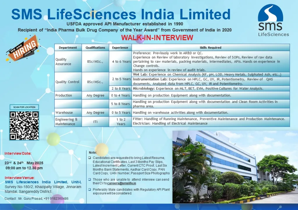 SMS Lifesciences Walk-In Interviews for QA, QC, Production, Warehouse & Engineering on 23rd-24th May