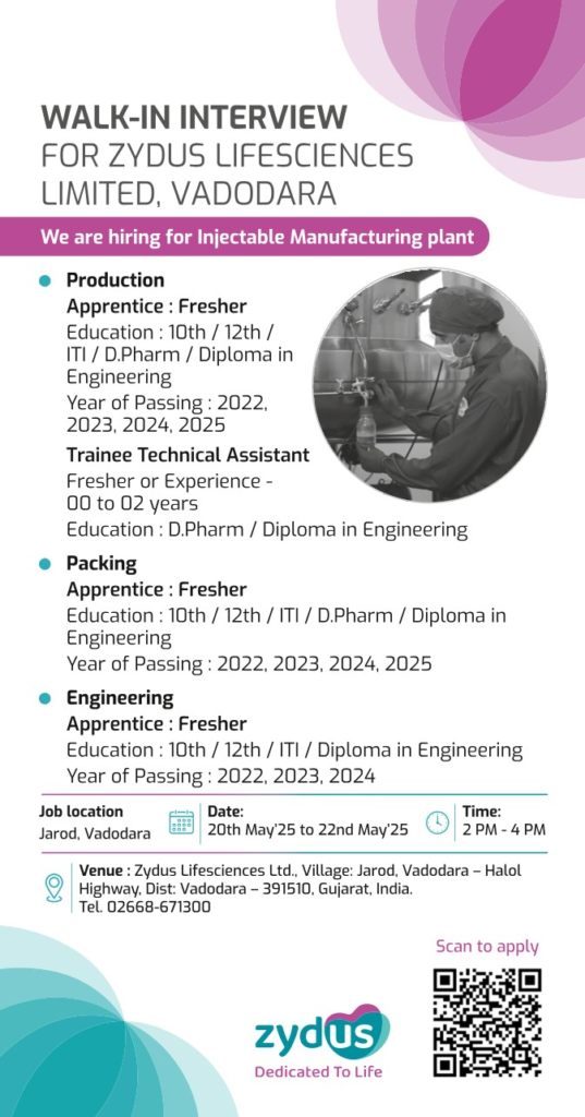 Zydus Lifesciences Walk-In Interviews for Injectable Manufacturing (Freshers) on 20th-22nd May