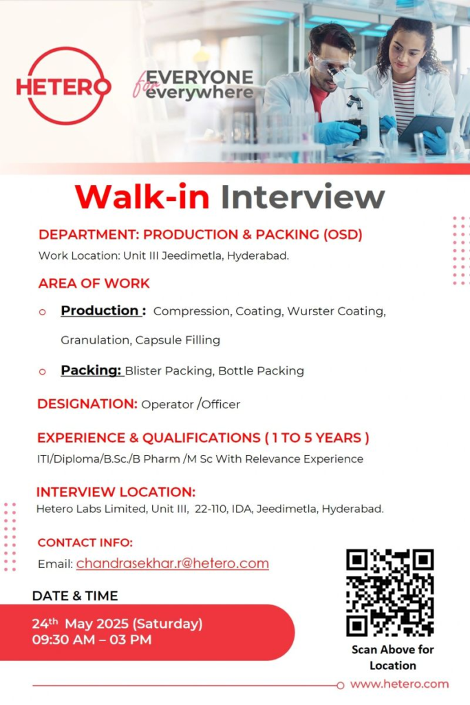 Hetero Labs Walk-In Interviews for Production & Packing Roles on 24th May