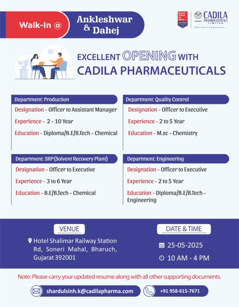 Cadila Pharmaceuticals Walk-In Interviews for Production, QC, Engineering & SRP Departments on 25th May