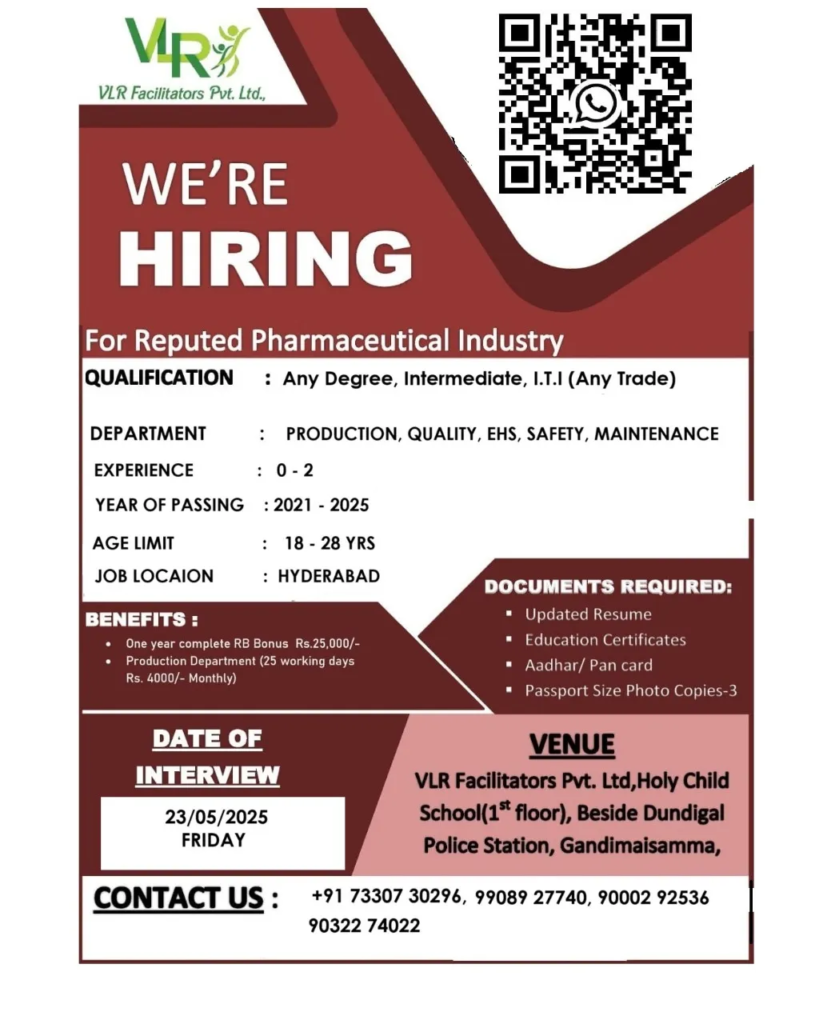 VLR Facilitators Walk-In Interviews for Pharmaceutical Roles on 23rd May