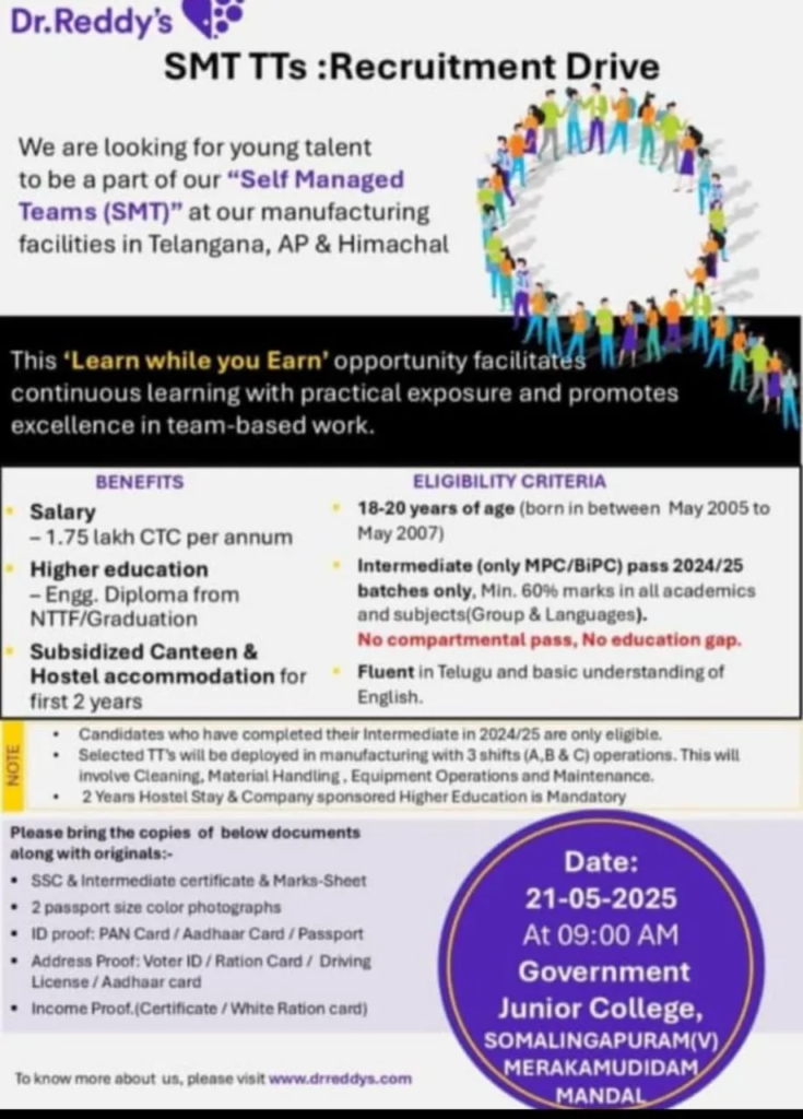 Dr. Reddy’s SMT Trainee Technician Program on 21st May