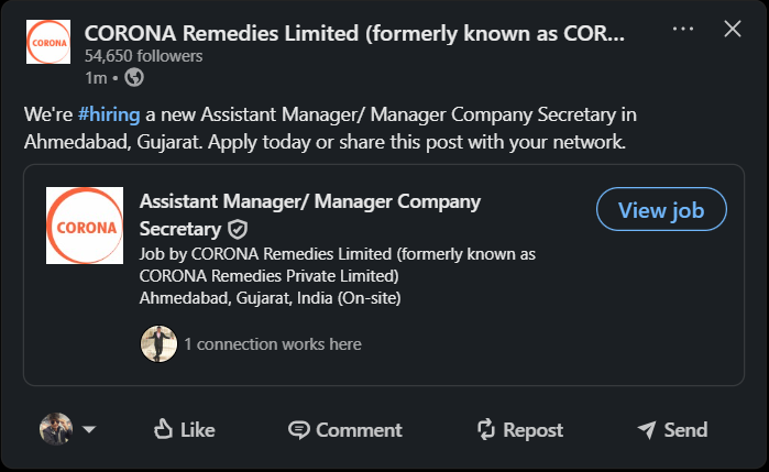 CORONA Remedies Hiring an Assistant Manager/Manager Company Secretary in Ahmedabad